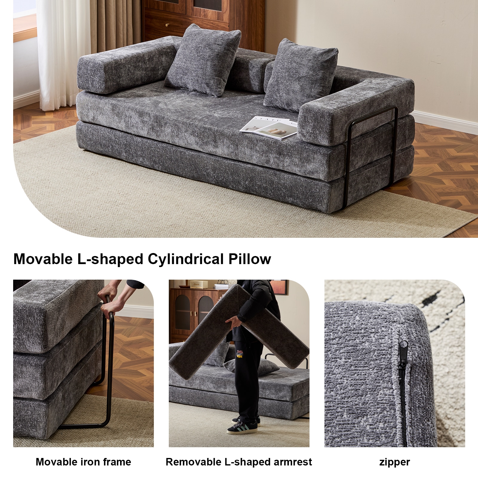 Floor Couch,Compression Sofa,Convertible Floor Sofa Bed-with Pillow Back Support Armrest,Comfy Futon Couch Lounge Sleeper Bed (DARK-GREY)_voghion.com